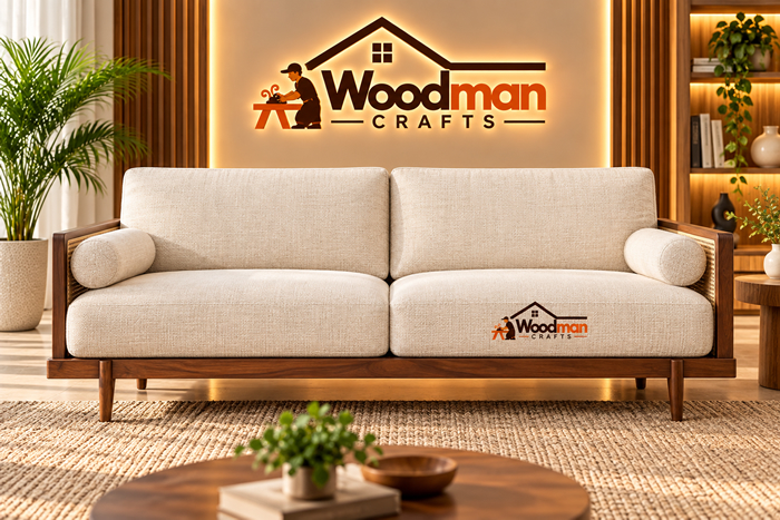 3-Seater Solid Wood & Cane Sofa